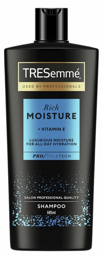 Musta shampoopullo, jossa on sininen etiketti ja pumppu.