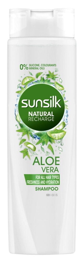 Valkoinen shampoopullo, jossa on vihreä Sunsilk Aloe Vera -etiketti.