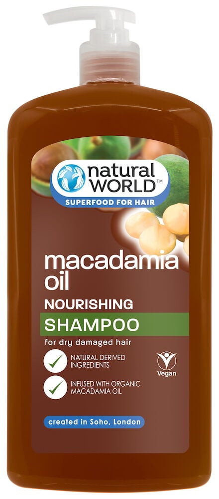 Stor plastflaska med pump, brun etikett, macadamia schampo.