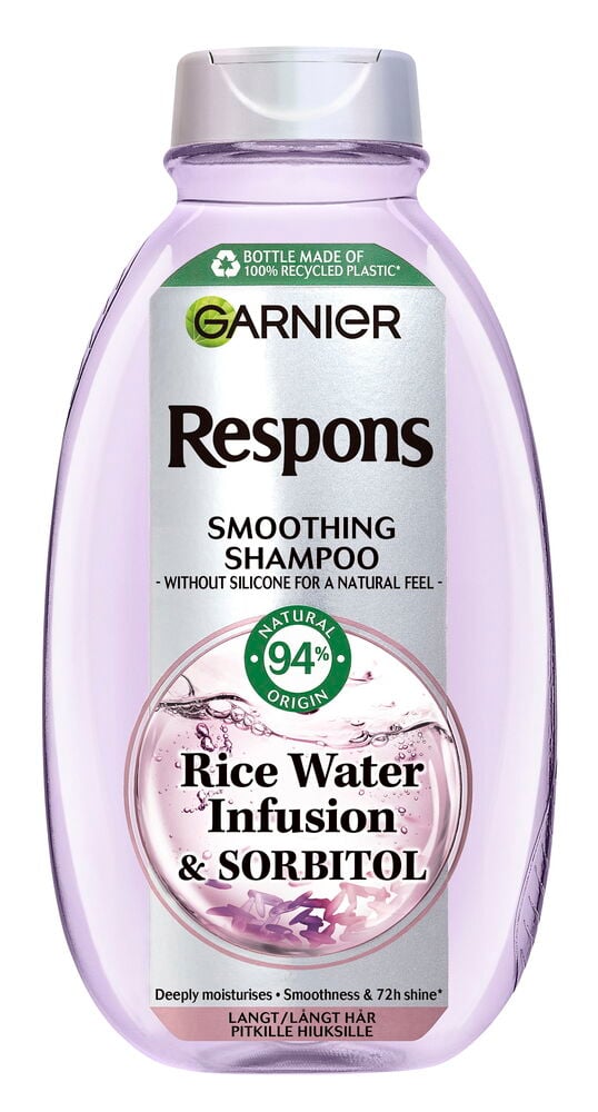 Schampo Respons 400 ml Rice Water, en ljuslila genomskinlig flaska med vitt lock, frontvy.