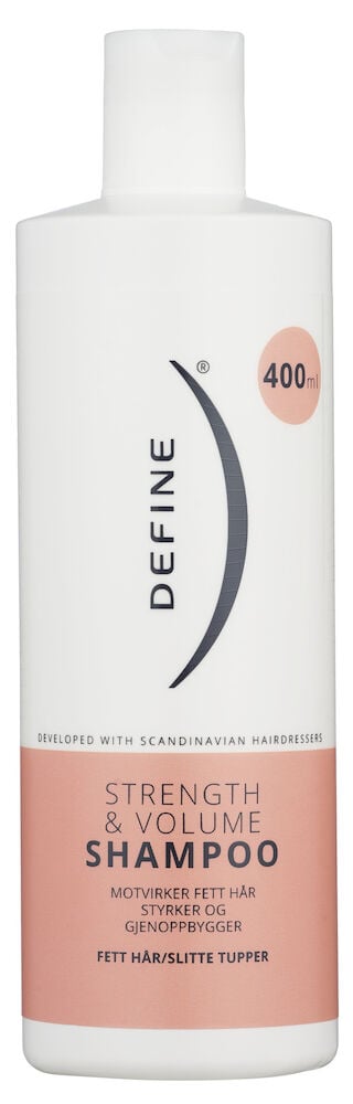 Hvit og rosa sjampoflaske med svart tekst.