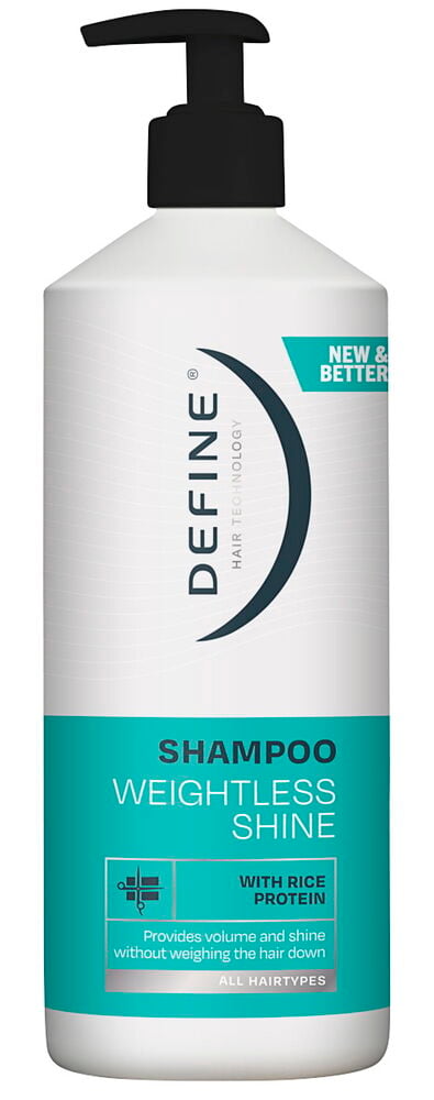 Sjampo Define Weightless Shine i en stor hvit flaske med svart pumpe og turkis etikett.