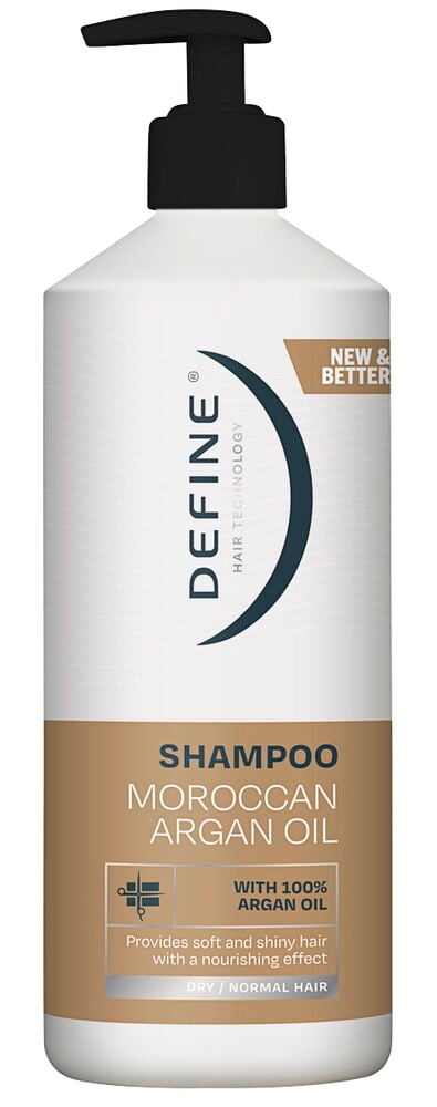 Sjampo Define Moroccan Argan Oil i hvit og brun flaske med svart pumpe, forfra.