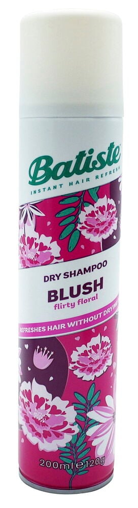 Batiste 200 ml Blush kuivashampoo valko-pinkissä kukkakuviollisessa suihkepullossa, edestä.
