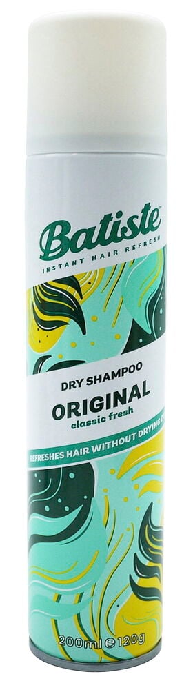 Tørrsjampo Batiste 200 ml Original, en hvit sprayboks med grønt og turkist abstrakt bladmønster.