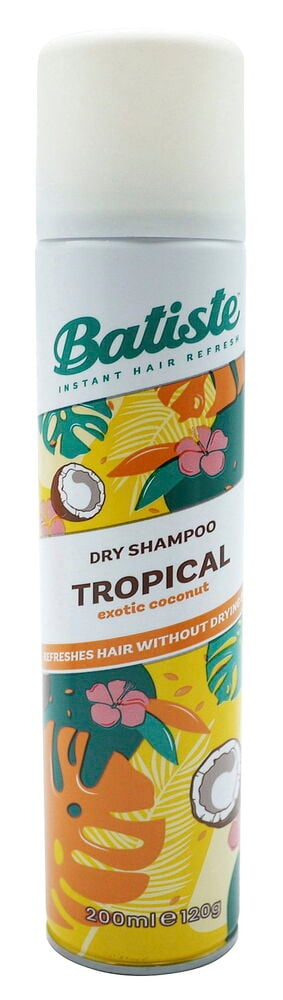 Tørrsjampo Batiste 200 ml Tropical boks med hvit kork og fargerikt tropisk design av kokosnøtter og blomster.