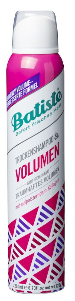 Trockenshampoo Batiste 200 ml Volume, rosa-weiße Dose mit klarer Kappe und geometrischem Muster.