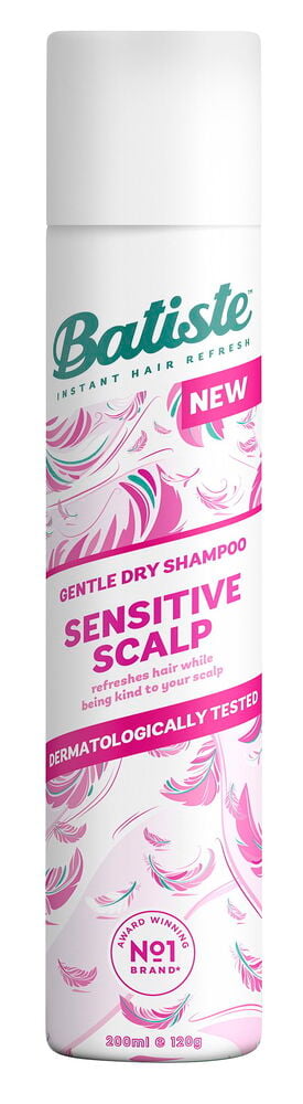Valkoinen Batiste Sensitive Scalp kuivashampoo, 200ml, vaaleanpunaisella ja turkoosilla höyhenkuviolla, edestä.
