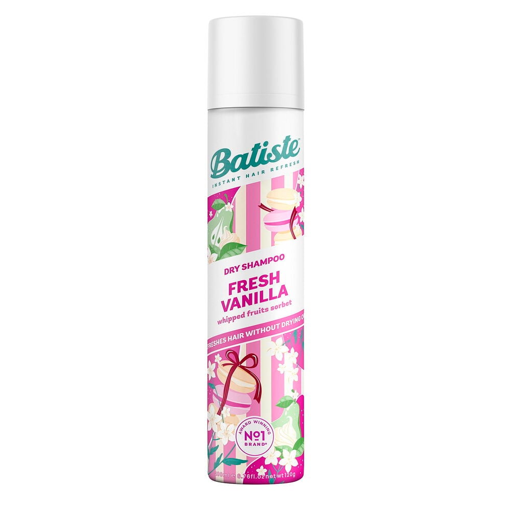 En vit Batiste 200 ml Fresh Vanilla torrschampoflaska med rosa, vita och gröna mönster.