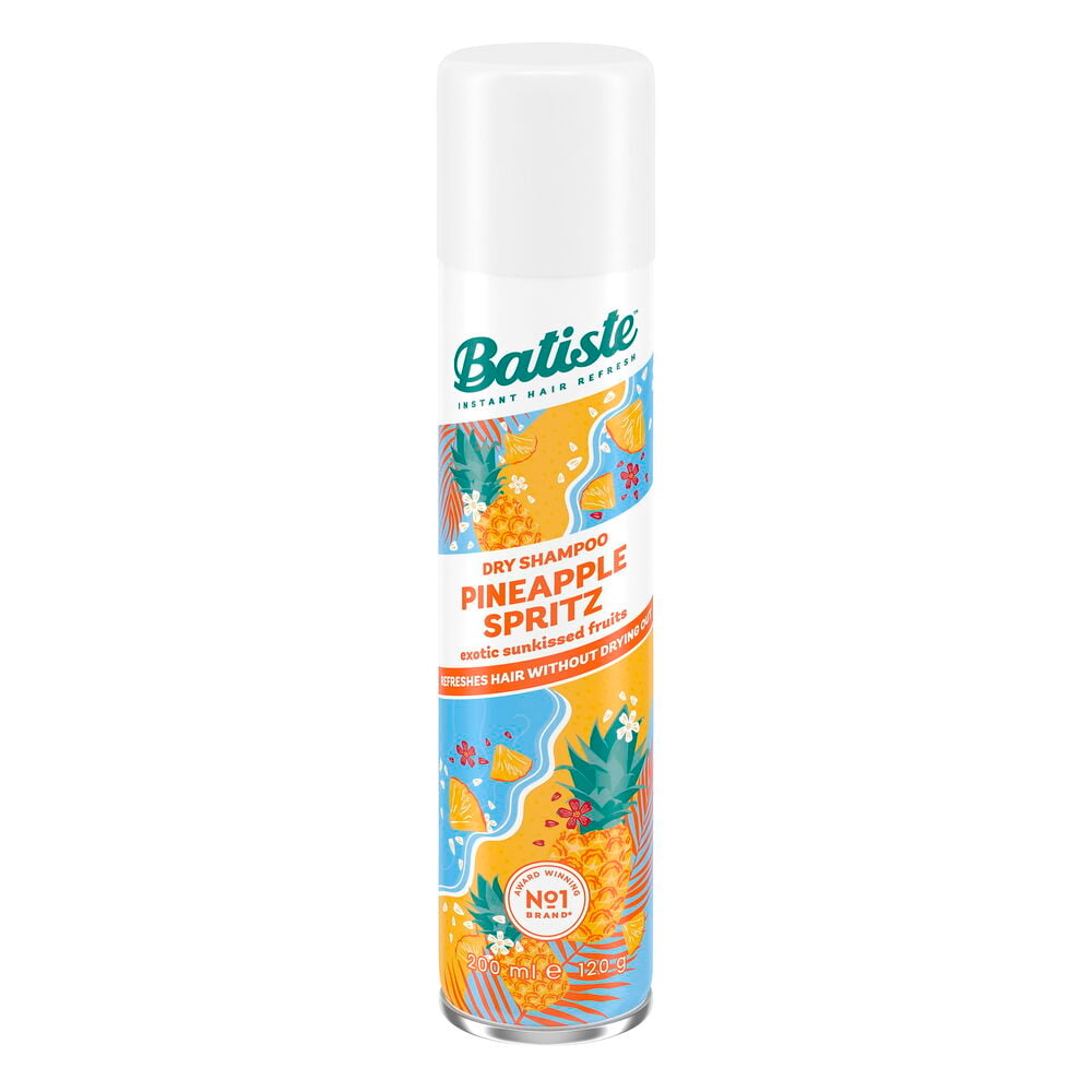 Torrschampo Batiste 200 ml Pineapple Spritz i vit burk med tropiskt fruktmönster.