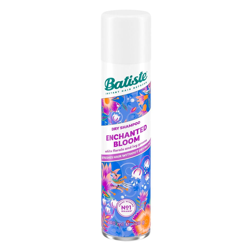 En vit Batiste 200 ml Bloom torrschampoflaska med blått och färgglatt blommönster.