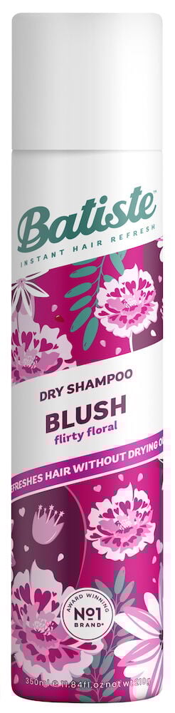 Rosa sprayburk med blommigt motiv och vitt lock.