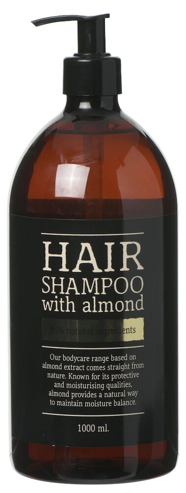 Braune Plastikflasche Shampoo mit Pumpe und Mandelöl.