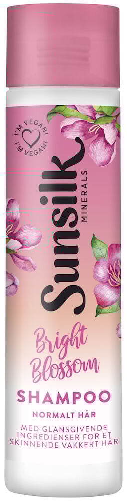 Rosa sjampoflaske med blomsterdekor og Sunsilk-logo.