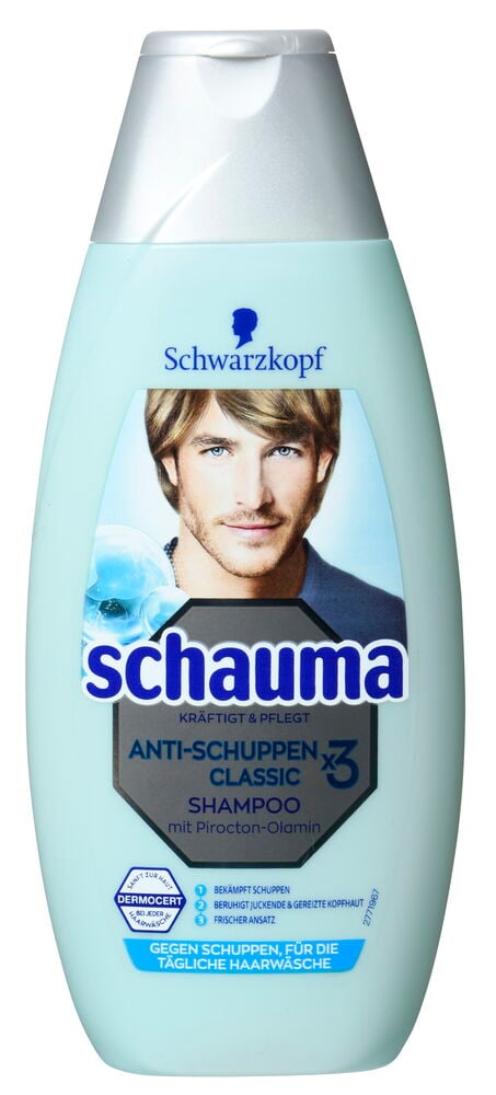 Eine hellblaue Schauma Anti-Schuppen Classic Shampoo-Flasche mit silbernem Verschluss und einem Mann auf dem Etikett.