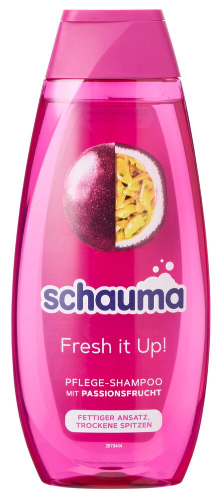 Shampoo Schauma 400 ml Fresh it up in einer hellrosa transparenten Flasche mit Passionsfrucht-Etikett.