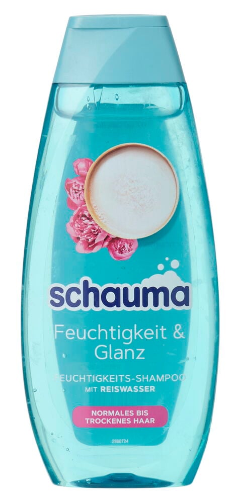 Eine hellblaue Schauma 400 ml Shampoo-Flasche für Feuchtigkeit und Glanz mit Reiswasser und rosa Blumenetikett.