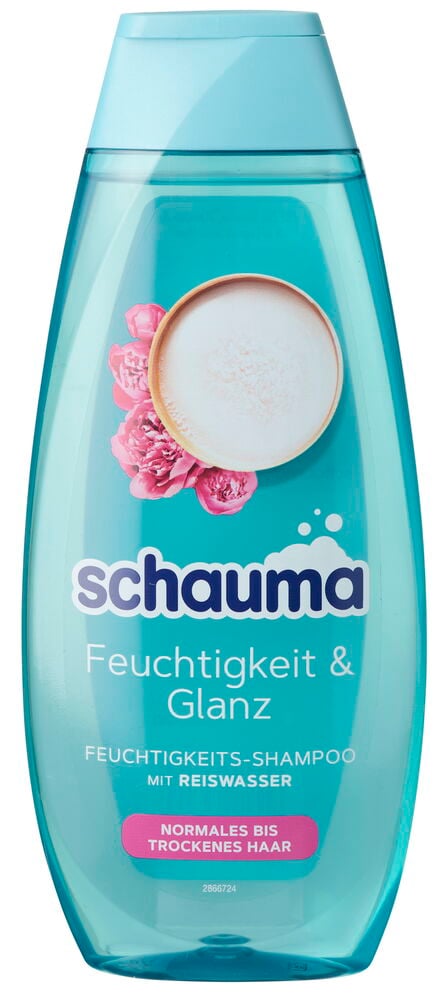 Eine türkise Schauma 400ml Feuchtigkeit Glanz Shampooflasche mit hellblauer Kappe, rosa Blumen und Reiswasser.