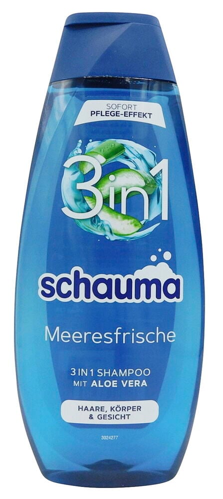 Eine blaue Schauma 3-in-1 Meeresfrische mit Aloe Vera Shampoo Flasche und dunkelblauem Verschluss.