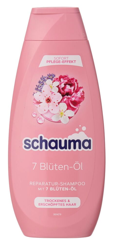 Rosa Shampoo Schauma 400 ml 7-Blüten-Öl Flasche mit floraler Grafik und Text.