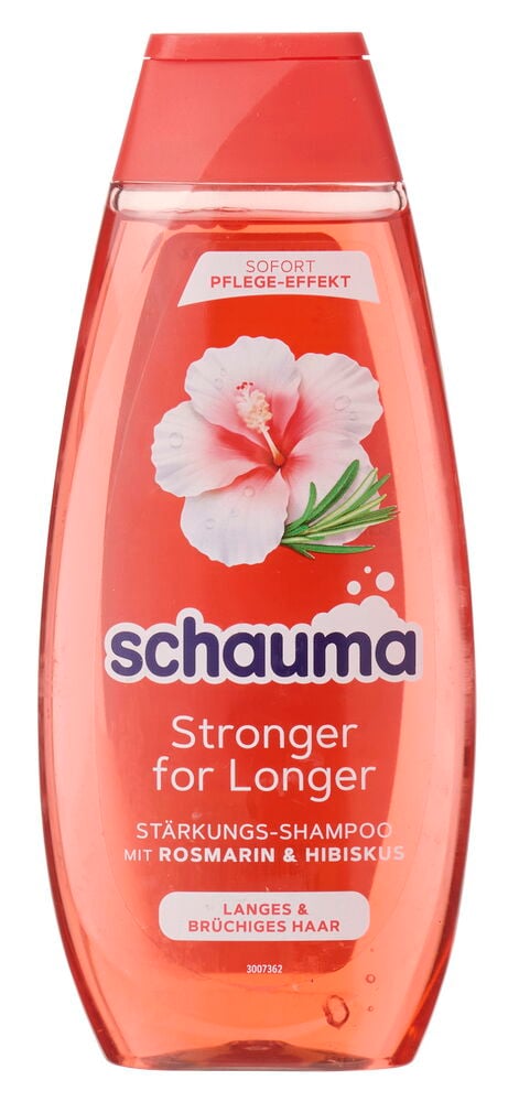 Eine rot-rosa Stronger for Longer Shampoo-Flasche mit Hibiskus- und Rosmarindesign auf dem Etikett.