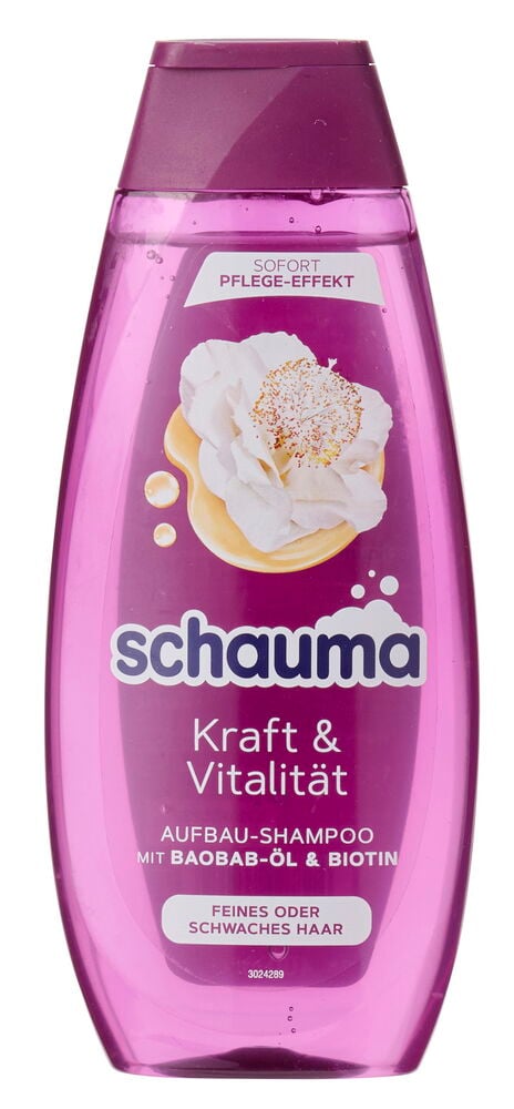Schauma 400 ml Kraft & Vitalität Shampoo in einer durchsichtigen rosa Flasche mit Blumenetikett.