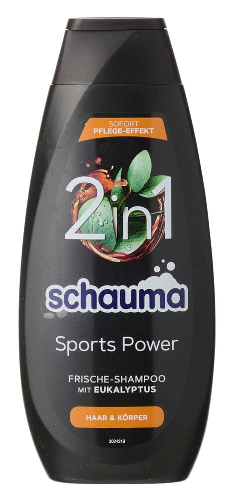 Eine schwarze Schauma Sports Power 2-in-1 Frische-Shampoo mit Eukalyptus für Haar & Körper, 400 ml Flasche.