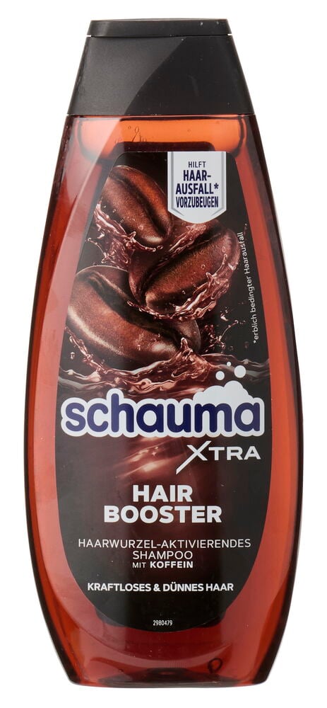 Eine braune Schauma 400 ml Hair booster Shampooflasche mit schwarzem Deckel und Kaffeebohnen-Motiv.