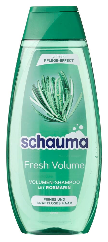 Grüne transparente Flasche Shampoo Schauma 400 ml Fresh Volumen mit dunkelgrünem Verschluss und Rosmarinillustration.