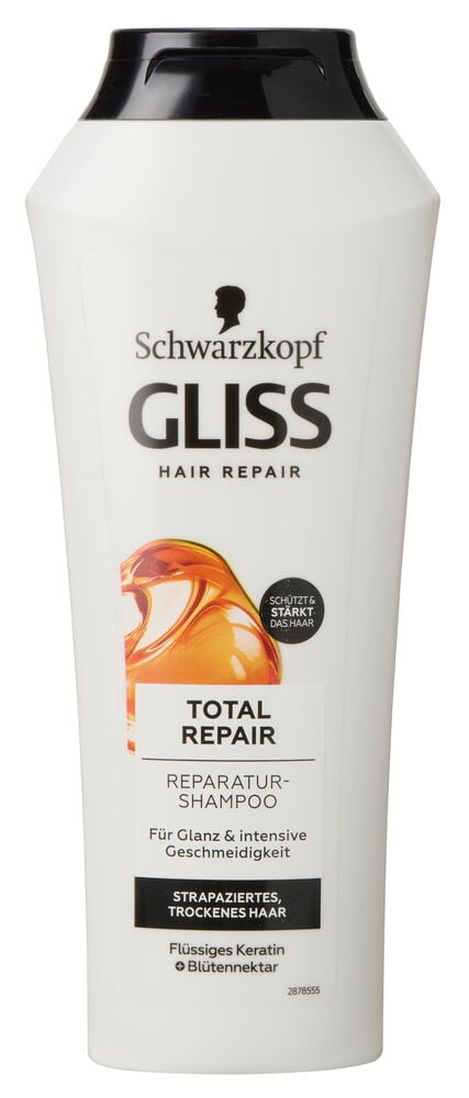 Eine weiße 250 ml Gliss Kur Total Repair Shampoo Flasche mit schwarzer Kappe.
