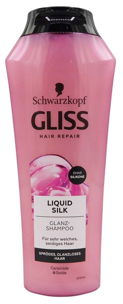 Rosa Schwarzkopf Gliss Liquid Silk Glanz Shampoo Flasche mit schwarzer Kappe, mit Hair Repair und Ohne Silikone.