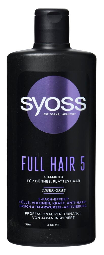 Schwarze Flasche Shampoo Syoss 440 ml Full Hair mit lila Etikett und schwarzem Klappverschluss, Vorderansicht.