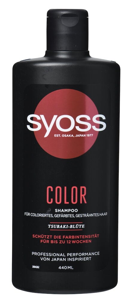 Schwarze 440 ml Color Shampoo Flasche mit rotem und schwarzem Etikett und schwarzem Klappverschluss.
