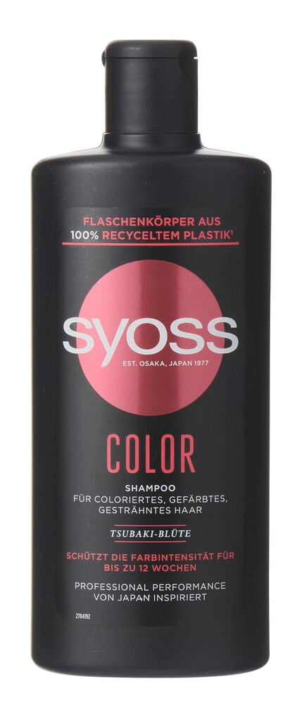 Schwarze Syoss 440 ml Color Shampoo Flasche mit schwarzem Klappverschluss und rosa Etikett.