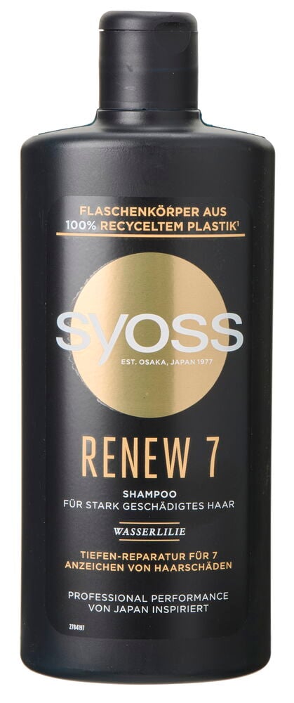 Schwarze Shampoo Syoss 440 ml Renew 7 Flasche mit schwarzem Klappverschluss und Goldeletikettendetails.