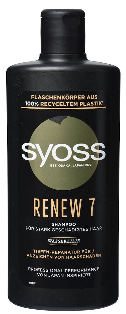 Schwarze Syoss 440 ml Renew 7 Shampoo Flasche mit schwarzem Klappverschluss und mehrfarbigem Etikett, Vorderansicht.