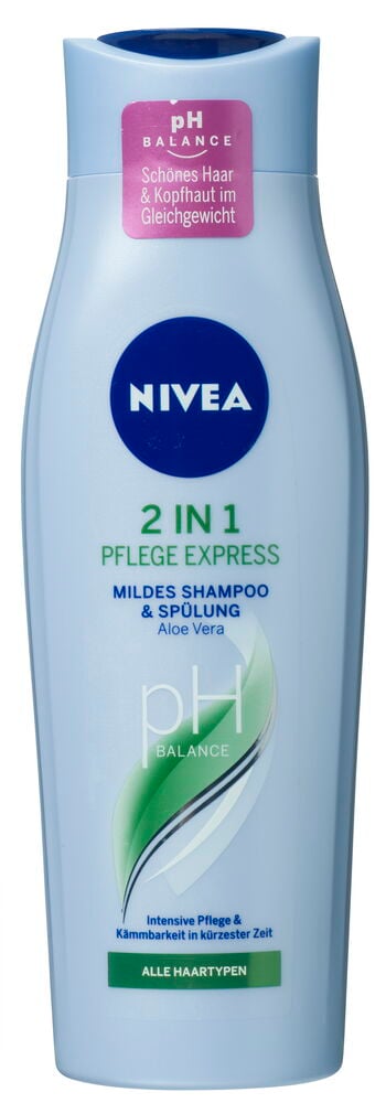 Hellblaue Shampoo Nivea 250 ml 2in1 Pflege Express Flasche mit dunkelblauem Deckel und rosa Etikett.