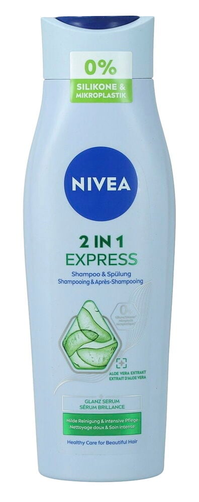 Shampoo Nivea 250 ml 2in1 Pflege Express, eine hellblaue Flasche mit 0% Silikon und Aloe Vera.