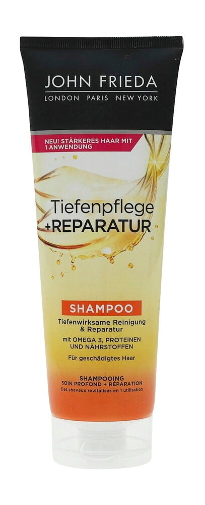 John Frieda 250 ml Intense Care & Repair Shampoo in einer schwarz-orange-gelben Tube.