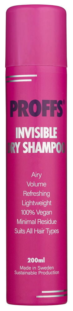 Pinkki lieriömäinen Proffs Invisible Kuivashampoo 200 ml pullo, esitetty pystyssä.