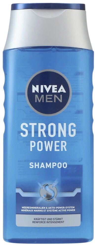 Eine blaue Nivea Men Strong Power Shampooflasche mit silbernem Oberteil und dunkelblauem Klappverschluss.