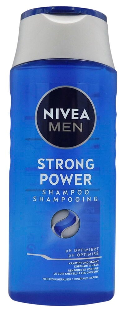 Nivea Men 250 ml Strong Power Shampoo, eine blaue Flasche mit einem weißen Klappverschluss.