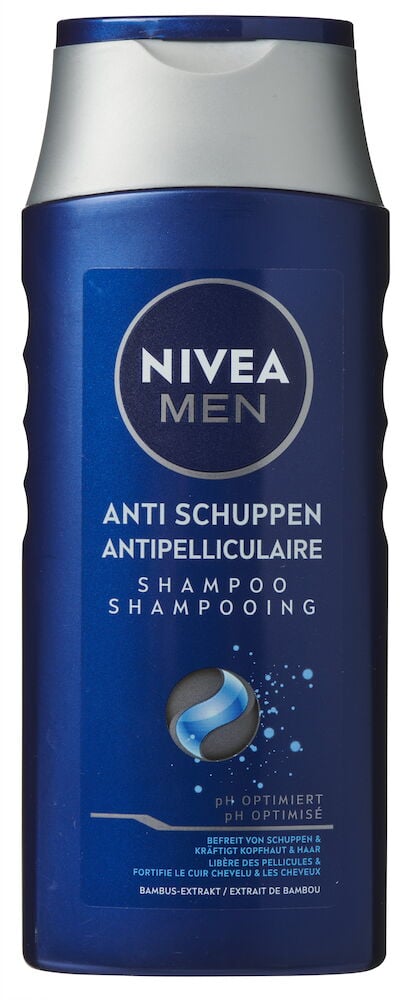 Eine dunkelblaue Shampoo Nivea Men Anti-Dandruff Power Flasche mit silberner Kappe.