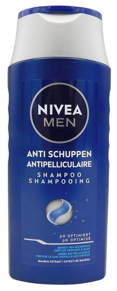 Blaue Shampoo Nivea Men 250 ml Anti-Dandruff Power Flasche mit weißem Deckel, Vorderansicht.