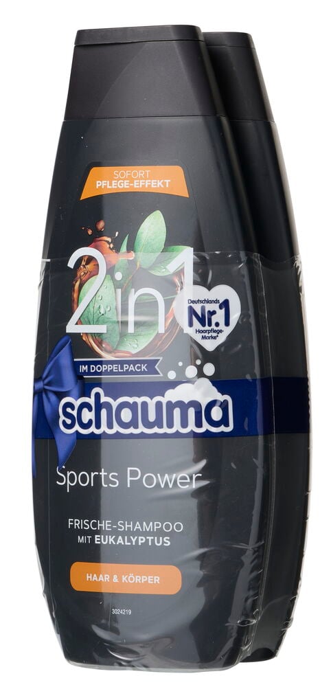 Zwei dunkelgraue Schauma Men Sports Power 2in1 Shampoo Flaschen, je 400ml, zusammengebunden in Vorderansicht.