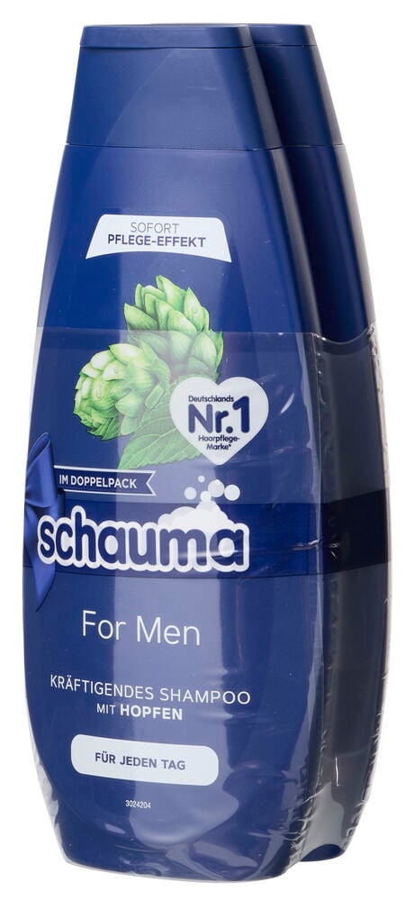 Zwei dunkelblaue Schauma Men 2x400 ml Shampoo-Flaschen mit weißen Etiketten, Hopfenmotiv und Text, in Klarsichtfolie verpackt.
