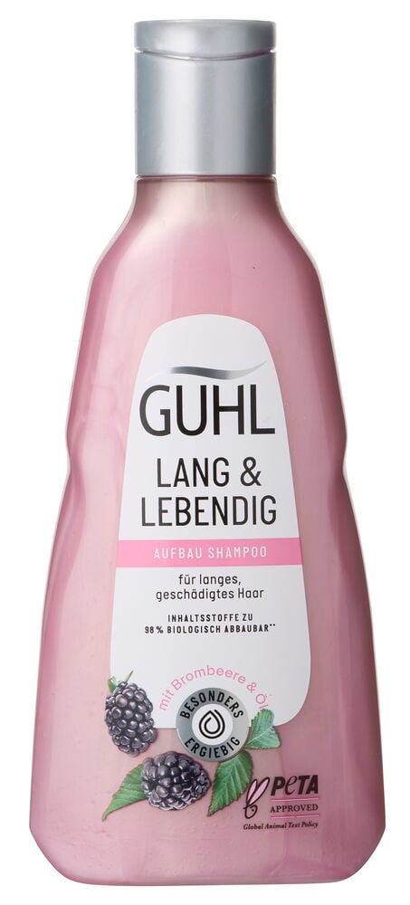 Eine rosa Guhl Lang & Lebendig 250 ml Shampoo-Flasche mit silbernem Deckel und Brombeer-Illustration.