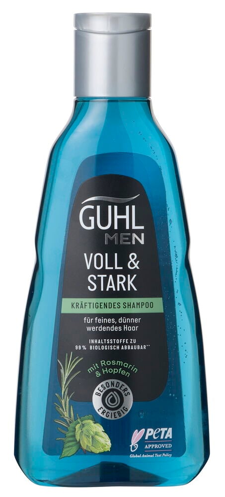Blaue Guhl Men Voll & Stark Shampooflasche mit silberner Kappe und schwarzem Etikett mit Rosmarin und Hopfen.