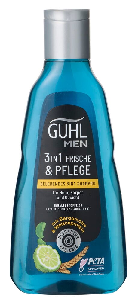 Eine blaue Guhl Men 3in1 Frische&Pflege Shampooflasche mit silbernem Deckel und schwarzem Etikett.