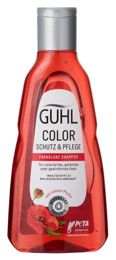 Shampoo Guhl 250 ml Color Schutz & Pflege in einer transparenten roten Plastikflasche mit Silberverschluss und Mohnblumenetikett.